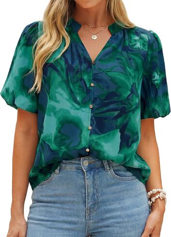 Simplee Womens Summer Floral Blouses Chiffon Boho Dressy Casual Work V Neck Puff Short Sleeve Loose Fashion Tops Shirt in Saudi Arabia