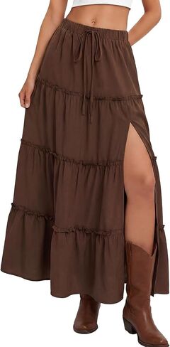 Women's Tiered Maxi Skirt Elastic Waist Flowy Casual Boho Skirts Ruffle High Slit A Line Long Skirts with Pockets in Saudi Arabia