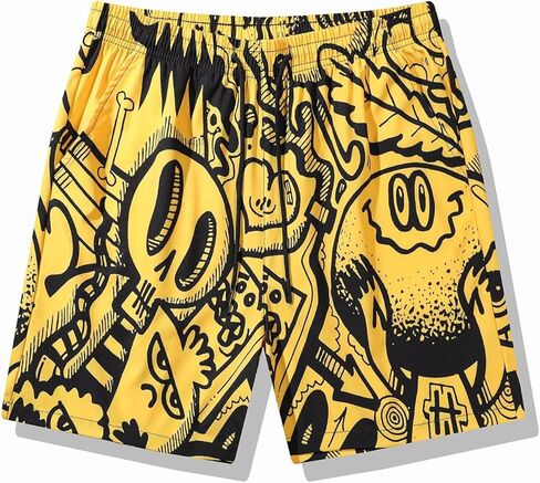 Men's Swim Trunks, Yellow and Black Graffiti Print, Elastic Waist, Casual Streetwear Style in Saudi Arabia