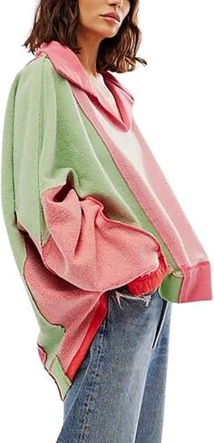 utcoco Women's 2024 Fall Color Block Oversized Sweatshirt Casual V Neck Long Sleeve Patchwork Pullover Y2K Top in Saudi Arabia