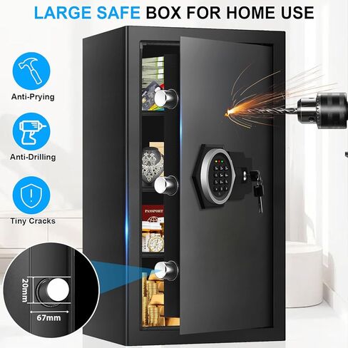 خزائن كبيرة بحجم 5.3 مكعب للاستخدام المنزلي مقاومة للحريق والماء، صندوق آمن رقمي مقاوم للحريق مع لوحة مفاتيح قابلة للبرمجة، مفاتيح احتياطية ورف قابل للإزالة، مستندات مضادة للسرقة آمنة للأشياء الثمينة الطبية in Kuwait