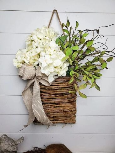 2026 Cream Hydrangea Door Hanger Basket Wreath, Spring Summer Wreaths for Front Door Wildflowers Front Door Basket Wreath Artificial Flower Hanging Basket for Home Farmhouse Seasonal Decor (A) in Saudi Arabia