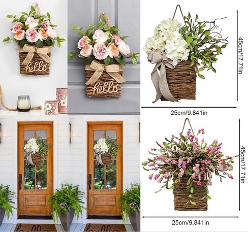 2026 Cream Hydrangea Door Hanger Basket Wreath, Spring Summer Wreaths for Front Door Wildflowers Front Door Basket Wreath Artificial Flower Hanging Basket for Home Farmhouse Seasonal Decor (A) in Saudi Arabia