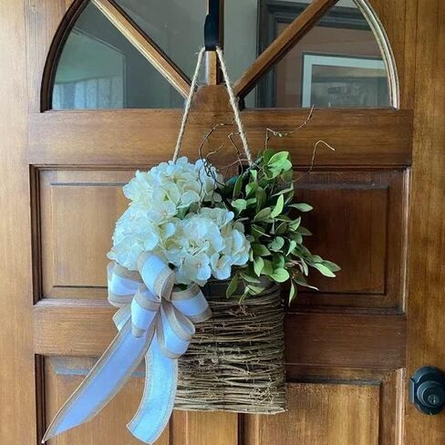 2026 Cream Hydrangea Door Hanger Basket Wreath, Spring Summer Wreaths for Front Door Wildflowers Front Door Basket Wreath Artificial Flower Hanging Basket for Home Farmhouse Seasonal Decor (A) in Saudi Arabia