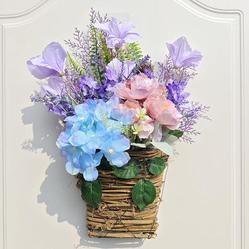 2026 Cream Hydrangea Door Hanger Basket Wreath, Spring Summer Wreaths for Front Door Wildflowers Front Door Basket Wreath Artificial Flower Hanging Basket for Home Farmhouse Seasonal Decor (A) in Saudi Arabia