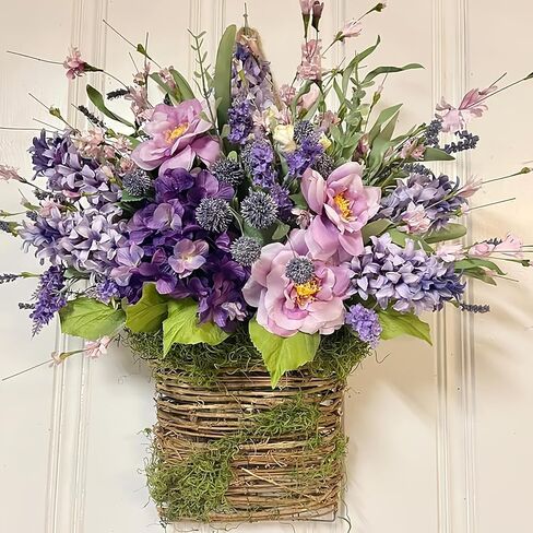 2026 Cream Hydrangea Door Hanger Basket Wreath, Spring Summer Wreaths for Front Door Wildflowers Front Door Basket Wreath Artificial Flower Hanging Basket for Home Farmhouse Seasonal Decor (A) in Saudi Arabia