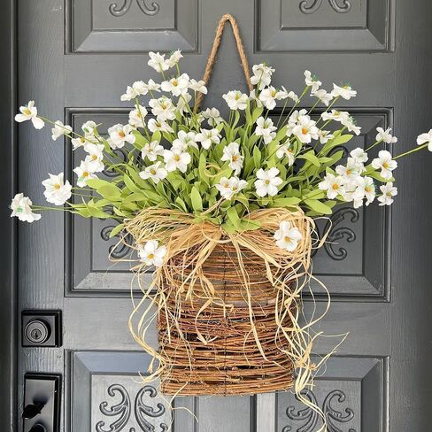 2026 Cream Hydrangea Door Hanger Basket Wreath, Spring Summer Wreaths for Front Door Wildflowers Front Door Basket Wreath Artificial Flower Hanging Basket for Home Farmhouse Seasonal Decor (A) in Saudi Arabia