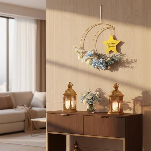 أكاليل عيد رمضان مبارك، إكليل معدني صناعي معلق على شكل زهور، ديكورات إكليل عيد الفطر على شكل قمر للباب الأمامي ونافذة الحائط في الداخل والخارج لديكور المزرعة in Kuwait