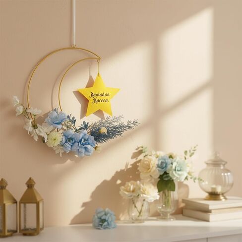 أكاليل عيد رمضان مبارك، إكليل معدني صناعي معلق على شكل زهور، ديكورات إكليل عيد الفطر على شكل قمر للباب الأمامي ونافذة الحائط في الداخل والخارج لديكور المزرعة in Kuwait