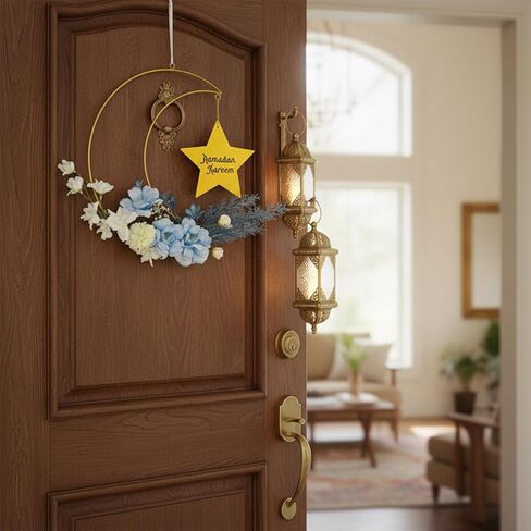 أكاليل عيد رمضان مبارك، إكليل معدني صناعي معلق على شكل زهور، ديكورات إكليل عيد الفطر على شكل قمر للباب الأمامي ونافذة الحائط في الداخل والخارج لديكور المزرعة in Kuwait