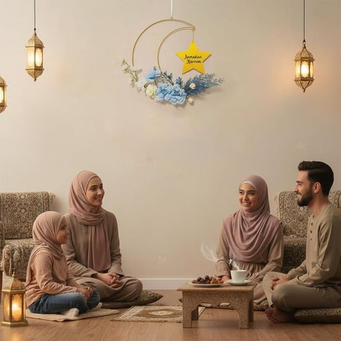 أكاليل عيد رمضان مبارك، إكليل معدني صناعي معلق على شكل زهور، ديكورات إكليل عيد الفطر على شكل قمر للباب الأمامي ونافذة الحائط في الداخل والخارج لديكور المزرعة in Kuwait