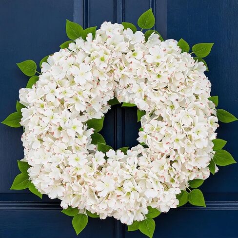 24'' White Hydrangea Spring Wreath for Front Door with Artificial Hydrangea and Silk Greenery, Outdoor Dogwood Wreath for Farmhouse Wedding & Home Decor- Spring Summer & All Seasons Display in Kuwait