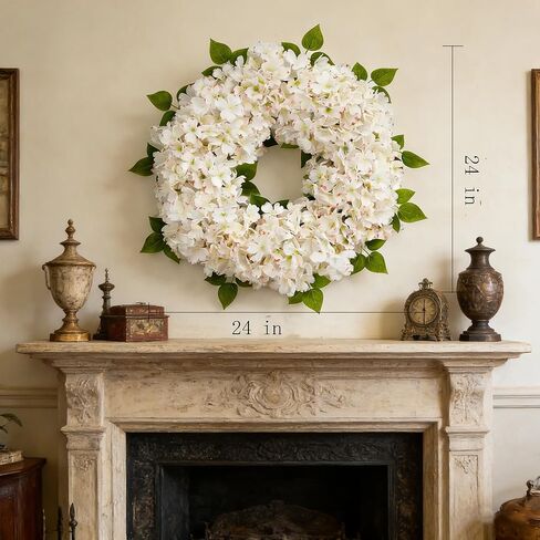 24'' White Hydrangea Spring Wreath for Front Door with Artificial Hydrangea and Silk Greenery, Outdoor Dogwood Wreath for Farmhouse Wedding & Home Decor- Spring Summer & All Seasons Display in Kuwait