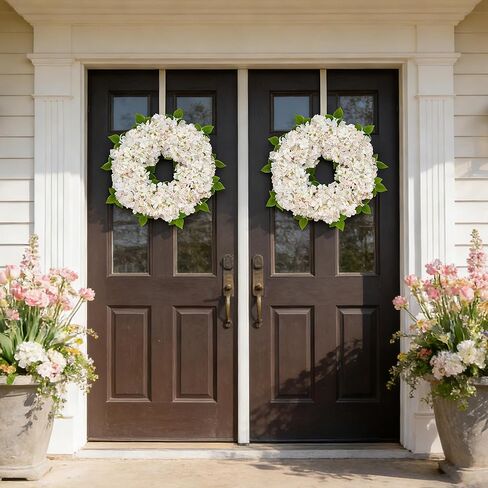 24'' White Hydrangea Spring Wreath for Front Door with Artificial Hydrangea and Silk Greenery, Outdoor Dogwood Wreath for Farmhouse Wedding & Home Decor- Spring Summer & All Seasons Display in Kuwait