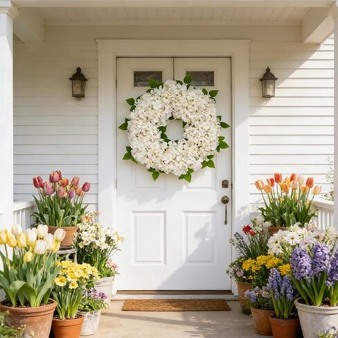 24'' White Hydrangea Spring Wreath for Front Door with Artificial Hydrangea and Silk Greenery, Outdoor Dogwood Wreath for Farmhouse Wedding & Home Decor- Spring Summer & All Seasons Display in Kuwait