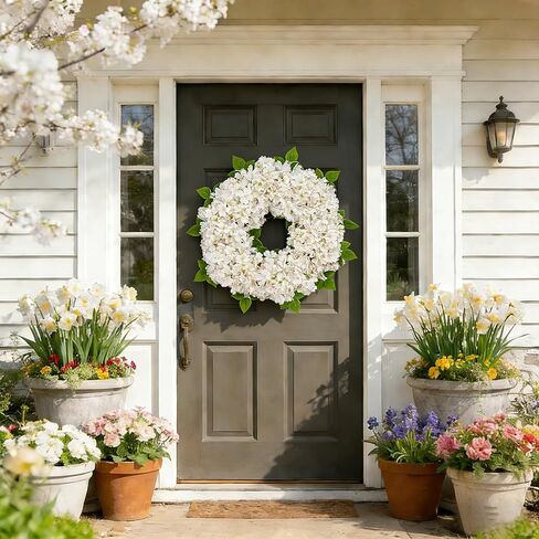24'' White Hydrangea Spring Wreath for Front Door with Artificial Hydrangea and Silk Greenery, Outdoor Dogwood Wreath for Farmhouse Wedding & Home Decor- Spring Summer & All Seasons Display in Kuwait