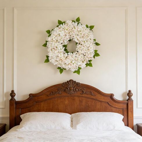 24'' White Hydrangea Spring Wreath for Front Door with Artificial Hydrangea and Silk Greenery, Outdoor Dogwood Wreath for Farmhouse Wedding & Home Decor- Spring Summer & All Seasons Display in Kuwait