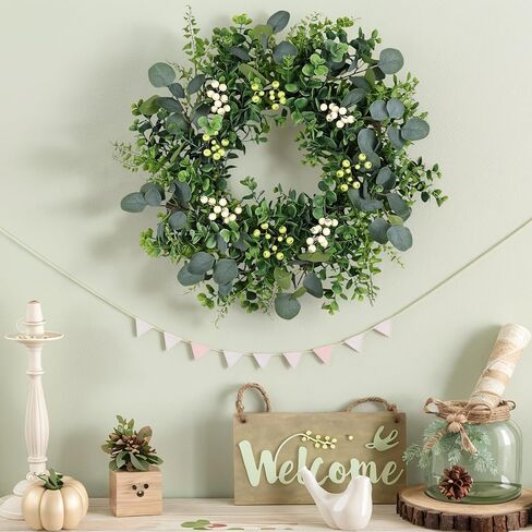 26 Inch Eucalyptus Wreath Spring Summer Wreaths for Front Door, Artificial Large All Seasons Wreaths with for Farmhouse Porch Wall Living Room Home Wedding Decor in Saudi Arabia