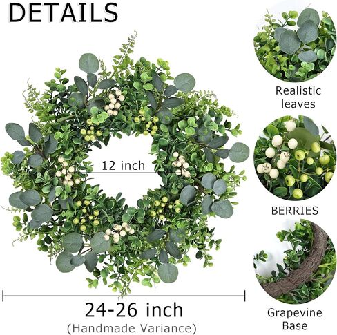 26 Inch Eucalyptus Wreath Spring Summer Wreaths for Front Door, Artificial Large All Seasons Wreaths with for Farmhouse Porch Wall Living Room Home Wedding Decor in Saudi Arabia