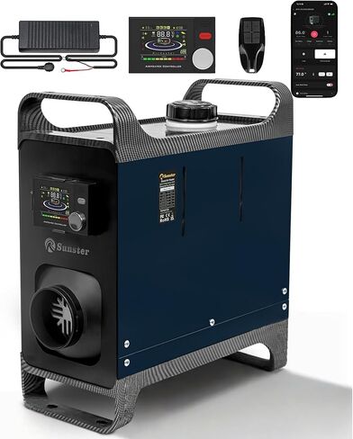 سخان ديزل محمول 12 فولت 24 فولت، ترقية سخان هواء ديزل 8 كيلو وات مع محول طاقة تيار متردد 110-240 فولت، وضع الحرارة والتهوية التوربيني، التشغيل والإيقاف التلقائي، التحكم في التطبيق لشاحنة Vans RV Camper in Kuwait