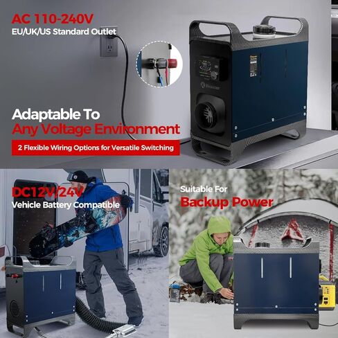 سخان ديزل محمول 12 فولت 24 فولت، ترقية سخان هواء ديزل 8 كيلو وات مع محول طاقة تيار متردد 110-240 فولت، وضع الحرارة والتهوية التوربيني، التشغيل والإيقاف التلقائي، التحكم في التطبيق لشاحنة Vans RV Camper in Kuwait