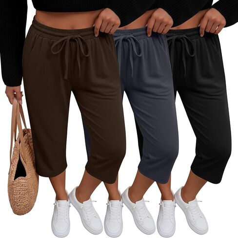 Huukeay 3 Pack Women's Capri Sweatpants, Cozy Lounge Drawstring Capris with Pockets Wide Legs Jogger Workout Yoga Pants in Kuwait