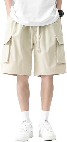 Men's Solid Color Workwear Casual Shorts with Pocket Drawstring Belt, Outdoor Running and Fitness, Best Gift for Family in Saudi Arabia