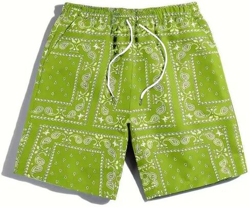 Men's Boho Paisley Scarf Print Shorts Drawstring Waist Tribal Pocket Summer Shorts（Green） in Saudi Arabia