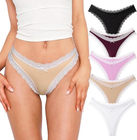 REORIA Womens Sexy Lace Cotton Seamless Thongs Panties for Women Cheeky No Show Underwear 5-Pack in Saudi Arabia