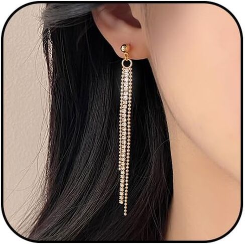Silver Tassel Clip On Dangle Earrings for Women Long Gold Chandelier Dangling Earring Dangly Drop Clip-On Unpierced Rhinestone Hanging Earings Jewelry in Kuwait