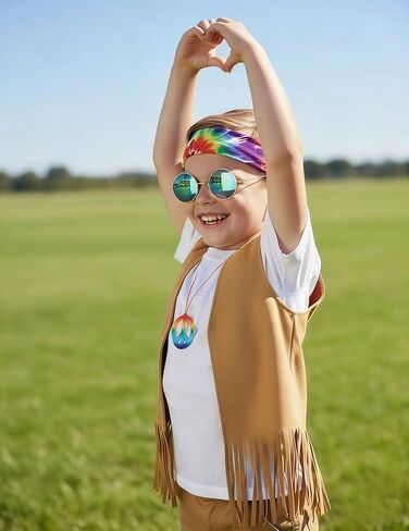 Kids Hippie Costume for Boys 60s 70s Boho Fringe Open Front Sleeveless Tassels Vest 4 Pcs Set for Theme Party in Saudi Arabia