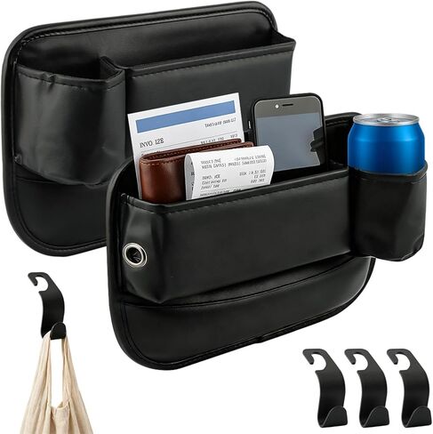 2Packs Car Seat Filler Organizer, Seat Gap Storage Box with Water Cup Holder & 4 Car-Seat Headrest Hooks, Universal fit for Most Car, for Phone, Keys, Wallet, Sunglasses and Bottles, Prevent Dropping in Kuwait