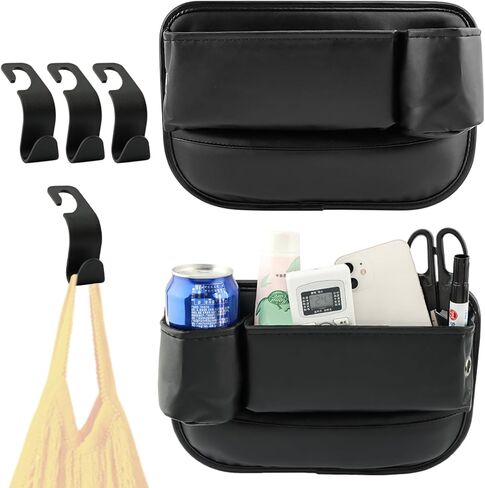 2Packs Car Seat Filler Organizer, Seat Gap Storage Box with Water Cup Holder & 4 Car-Seat Headrest Hooks, Universal fit for Most Car, for Phone, Keys, Wallet, Sunglasses and Bottles, Prevent Dropping in Kuwait
