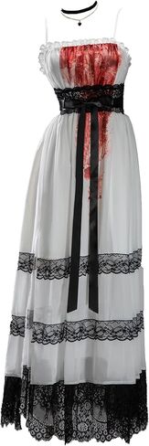 MEOWCOS Women's Gothic Slip Dress Halloween White Lace Patchwork Maxi Dress with Gloves and Choker in Saudi Arabia