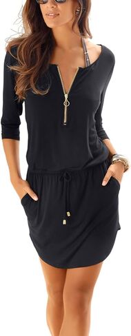 LASCANA Women's Zipper Detail Mini Dress - Elastic Waistband with Drawstring, Side Pockets, Summer Sundress in Saudi Arabia
