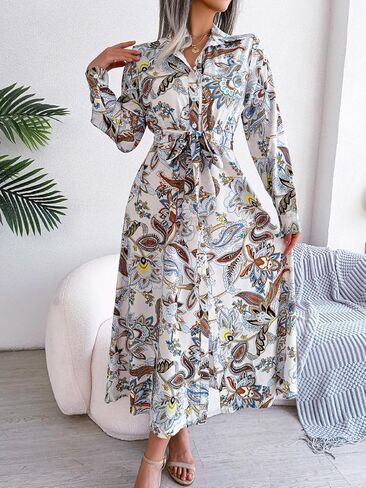Women's Collar Button Down Floral Print Dresses Casual Tie Waist Split Swing Flowy Vocation Boho Midi Dress in Saudi Arabia