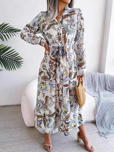 Women's Collar Button Down Floral Print Dresses Casual Tie Waist Split Swing Flowy Vocation Boho Midi Dress in Saudi Arabia