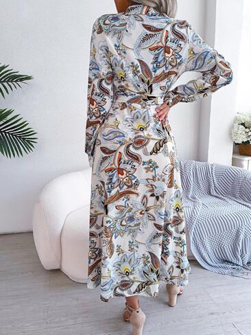 Women's Collar Button Down Floral Print Dresses Casual Tie Waist Split Swing Flowy Vocation Boho Midi Dress in Saudi Arabia