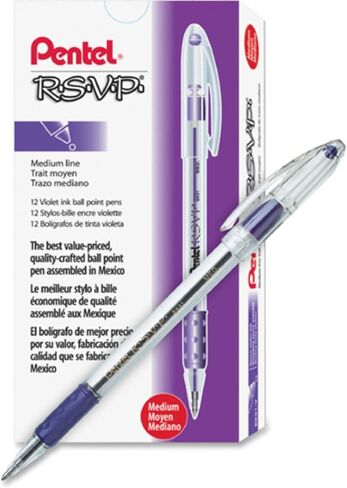 Pentel® R.S.V.P.® أقلام حبر جاف، نقطة متوسطة، 1.0 مم، أسطوانة شفافة، حبر بنفسجي، عبوة مكونة من 12 قلمًا in Saudi Arabia