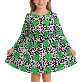 فستان سانت باتريك للفتيات الصغيرات بطباعة البرسيم الأخضر، فساتين بأكمام طويلة 3-8 سنوات in Kuwait