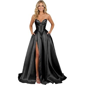 فستان حفلة موسيقية من الساتان SNOWROSE للنساء 2026 ترتر سباركلي طويل على شكل حرف A مكشكش مشد رسمي فستاين سهرة/فساتين الحفلات مع جيوب مشقوقة in Kuwait