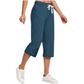 Linen Capris Pants for Women 2026 Linen Casual Summer Straight Wide Leg Loose Drawstring Elastic Waist Cropped Trouser in Kuwait