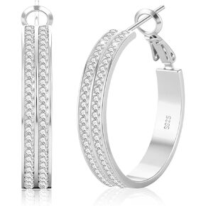 أقراط LOUMILEO بعرض 5 مم من الفضة الإسترلينية للنساء خفيفة الوزن وذهبية لامعة مزدوجة من حجر الراين أقراط فضية لا تسبب الحساسية مع مجوهرات زركونيا مكعبة هدية 30 مم/40 مم in Kuwait