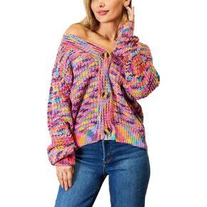 Women's Casual Cardigan Multicolor Chunky V-Neck Long Sleeve Sweaters Cardigan Soft Acrylic Fabric Long Sleeves Button in Kuwait