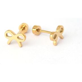 أقراط من الفولاذ الجراحي مطلية بالذهب عيار 18 قيراط مضادة للحساسية مع ظهر مسطح مثبت بمسمار، زوج واحد، على شكل فيونكة in Kuwait