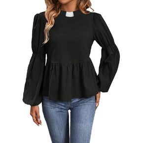 قمصان رجال الدين للنساء قميص طويل الأكمام فانوس ورقبة دائرية وبلوزة كشكشة وقميص كاهن مع ياقة عروة in Kuwait