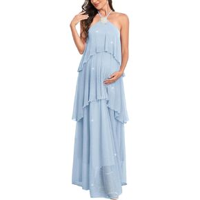 AISWI Maternity Halter Neck Maxi Dress Sparkly Mesh Tiered Ruffle Pregnancy Gown with Flower for Baby Shower Photoshoot in Saudi Arabia