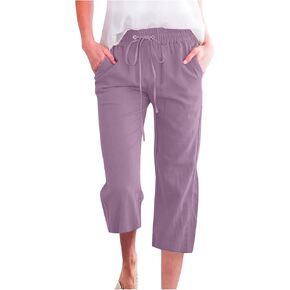 Linen Capri Pants for Women 2026 Cotton Linen Casual Summer Straight Wide Leg Loose Drawstring Elastic Waist Cropped in Kuwait