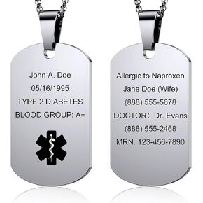 قلادة تنبيه طبية مخصصة للرجال والنساء - قلادة من الفولاذ المقاوم للصدأ محفورة خصيصًا للحساسية والاتصالات في حالات الطوارئ - فضي in Kuwait