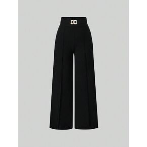 Women's High-Waisted Wide-Leg Pants Black Formal Trousers with Gold Buckle in Kuwait